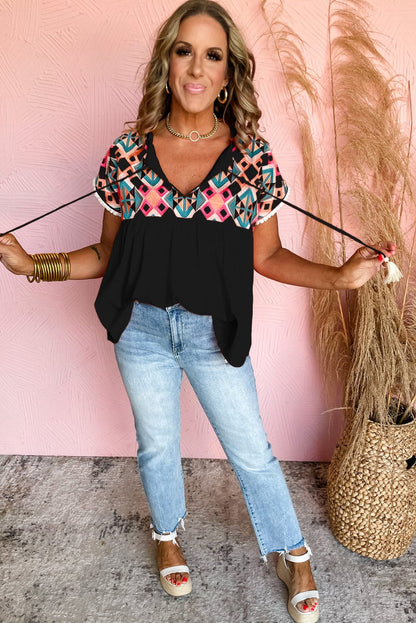 Chic Black Geometric Embroidered Tassel Blouse with V-Neck Tie