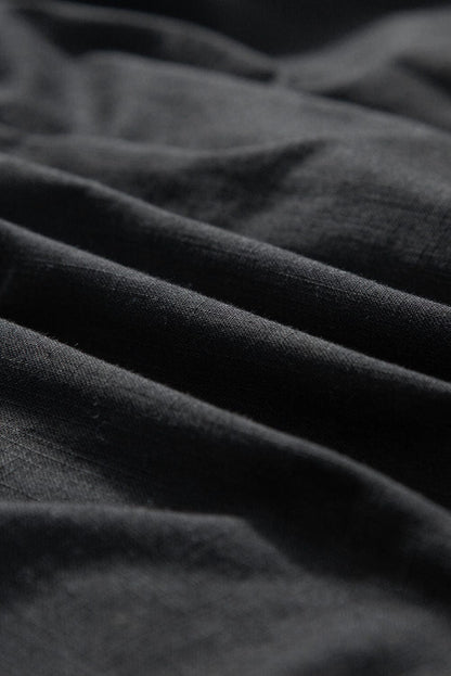 Chic Black Geometric Embroidered Tassel Blouse with V-Neck Tie