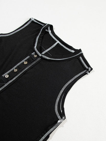Chic Black Henley Tank Top with Exposed Seam & Contrast Stitching