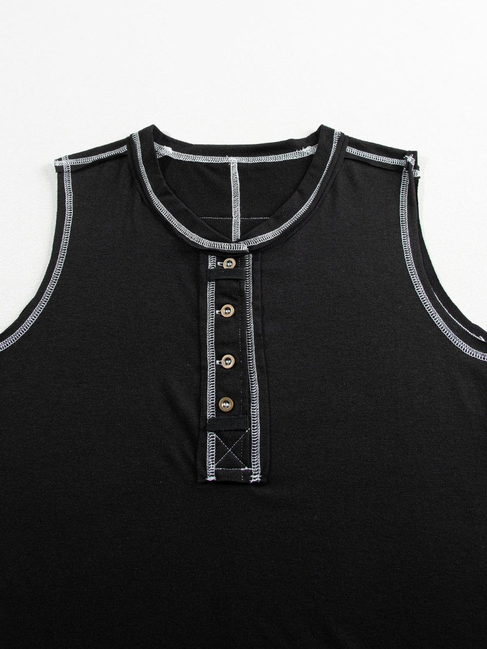 Chic Black Henley Tank Top with Exposed Seam & Contrast Stitching