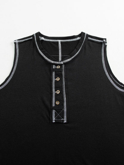 Chic Black Henley Tank Top with Exposed Seam & Contrast Stitching