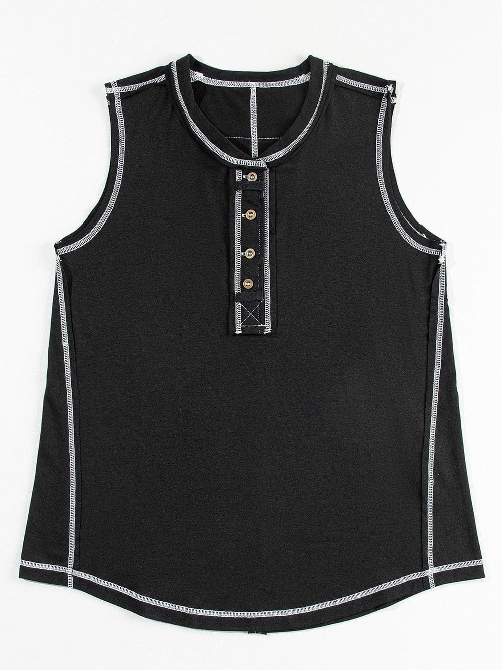 Chic Black Henley Tank Top with Exposed Seam & Contrast Stitching