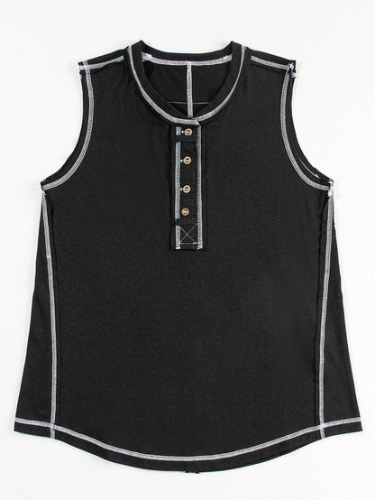 Chic Black Henley Tank Top with Exposed Seam & Contrast Stitching