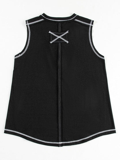 Chic Black Henley Tank Top with Exposed Seam & Contrast Stitching