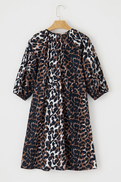 Chic Black Leopard Print Puff Sleeve Shirt Dress