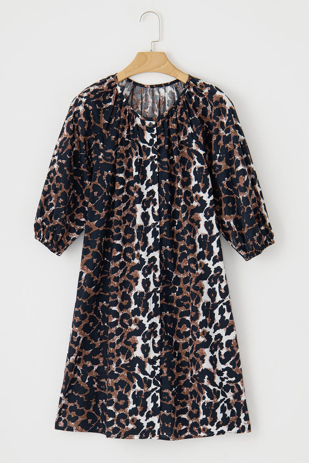 Chic Black Leopard Print Puff Sleeve Shirt Dress