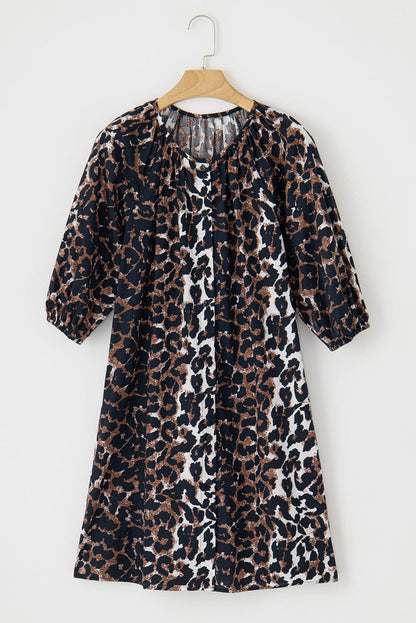 Chic Black Leopard Print Puff Sleeve Shirt Dress