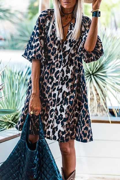 Chic Black Leopard Print Puff Sleeve Shirt Dress