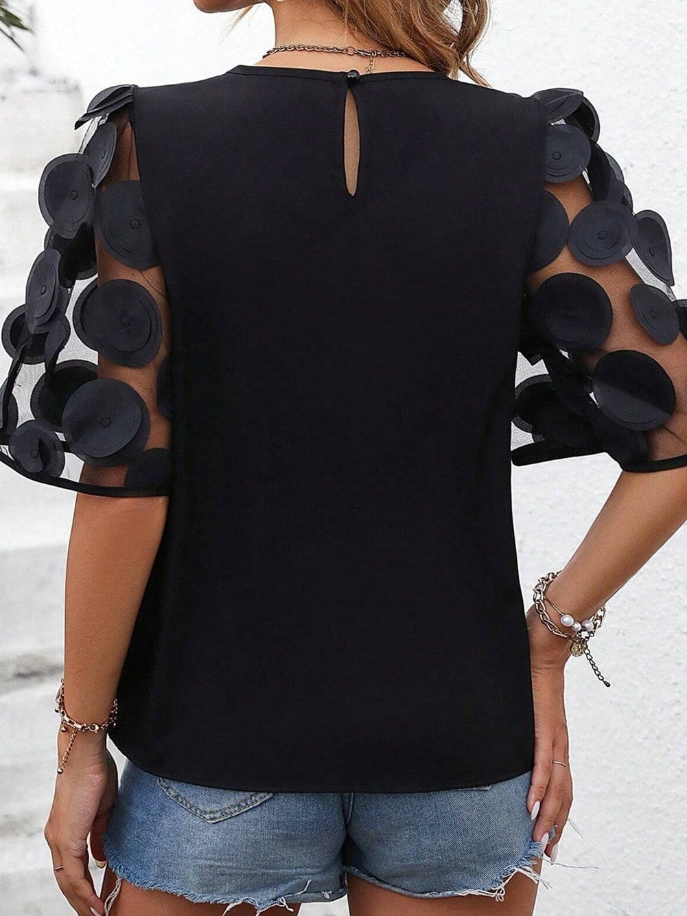 Chic Black Mesh Applique Half Sleeve Top
