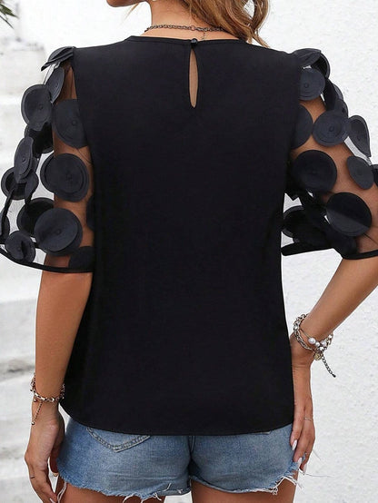 Chic Black Mesh Applique Half Sleeve Top
