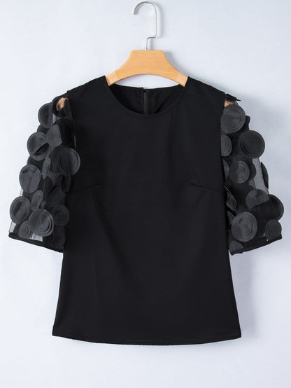 Chic Black Mesh Applique Half Sleeve Top