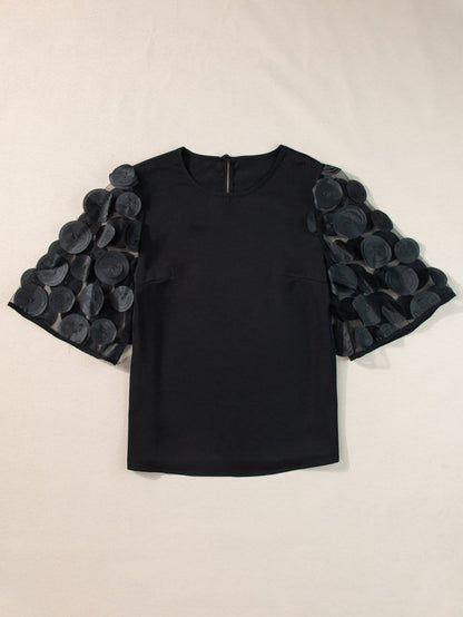Chic Black Mesh Applique Half Sleeve Top