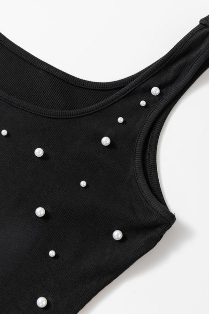 Chic Black Pearl Embellished Square Neck Bodycon Mini Dress