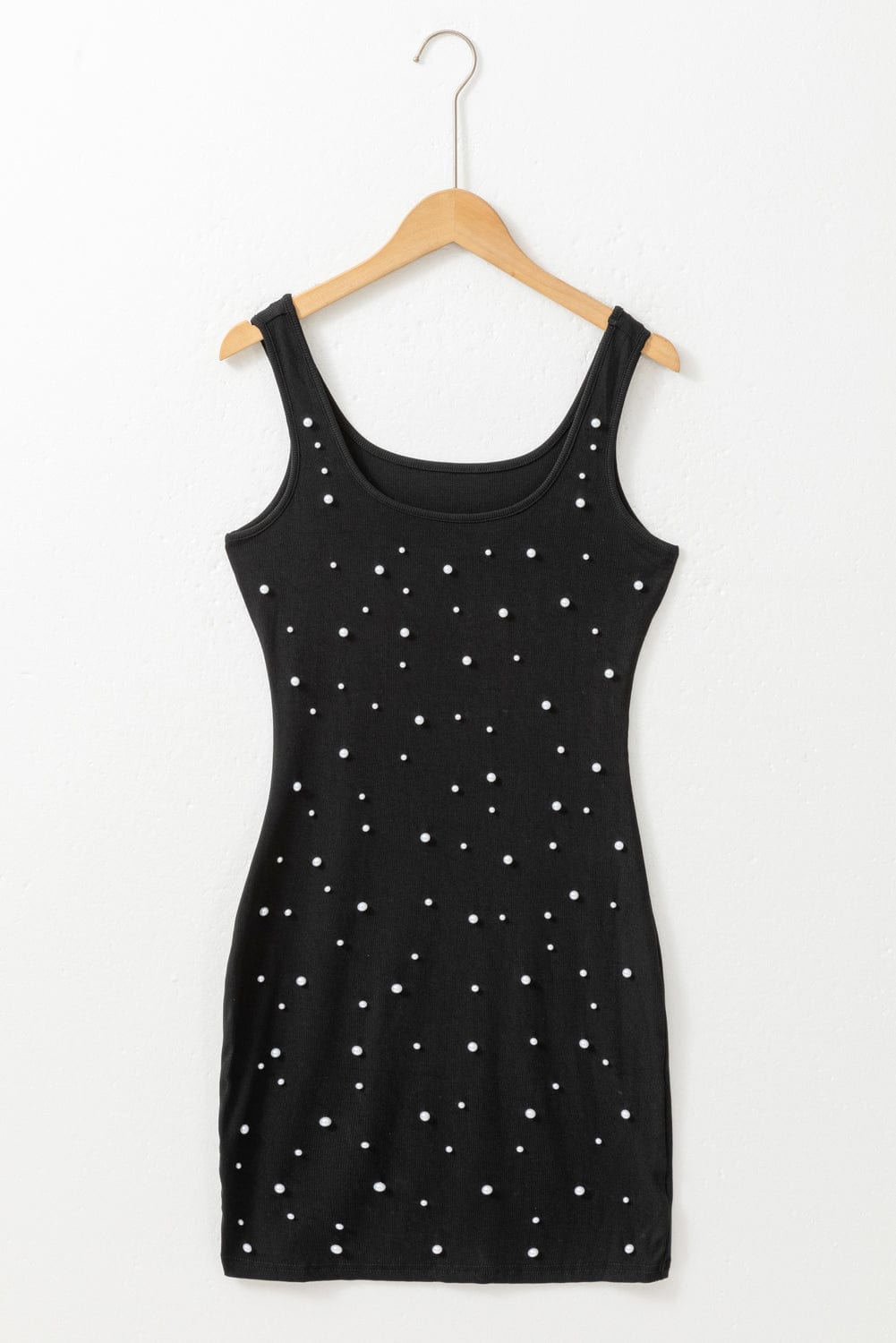 Chic Black Pearl Embellished Square Neck Bodycon Mini Dress