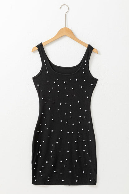 Chic Black Pearl Embellished Square Neck Bodycon Mini Dress