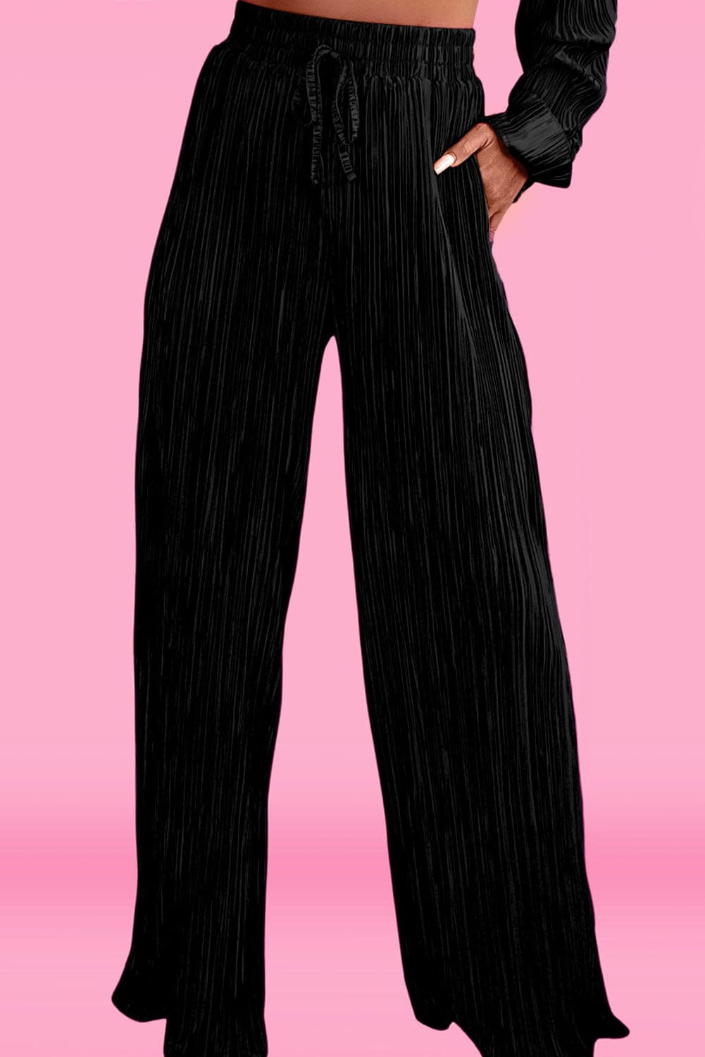 Chic Black Pleated Shirt and Wide-Leg Pants Ensemble