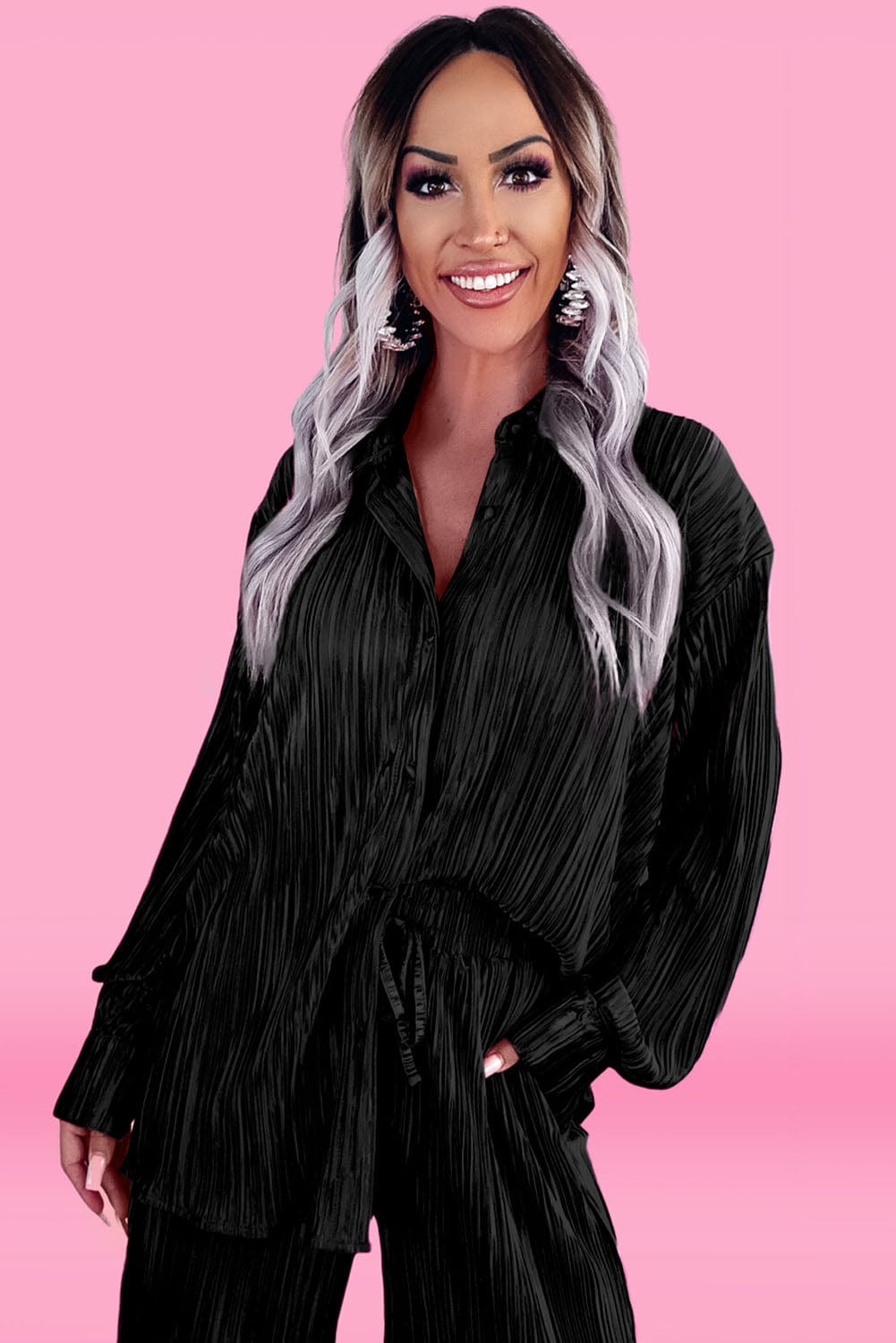 Chic Black Pleated Shirt and Wide-Leg Pants Ensemble