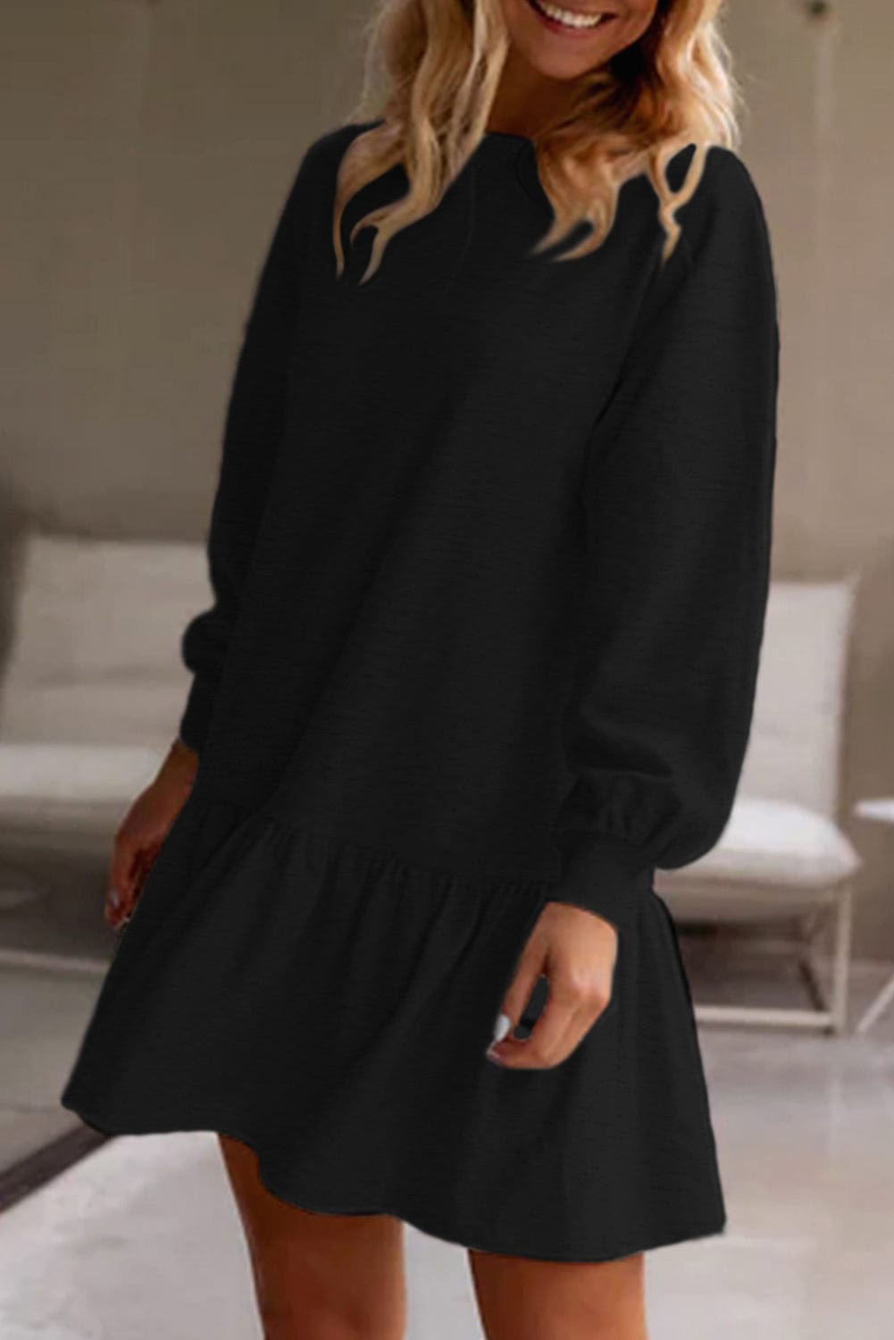 Chic Black Puff Sleeve Mini Dress with Ruffle Hem