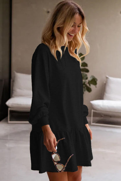 Chic Black Puff Sleeve Mini Dress with Ruffle Hem