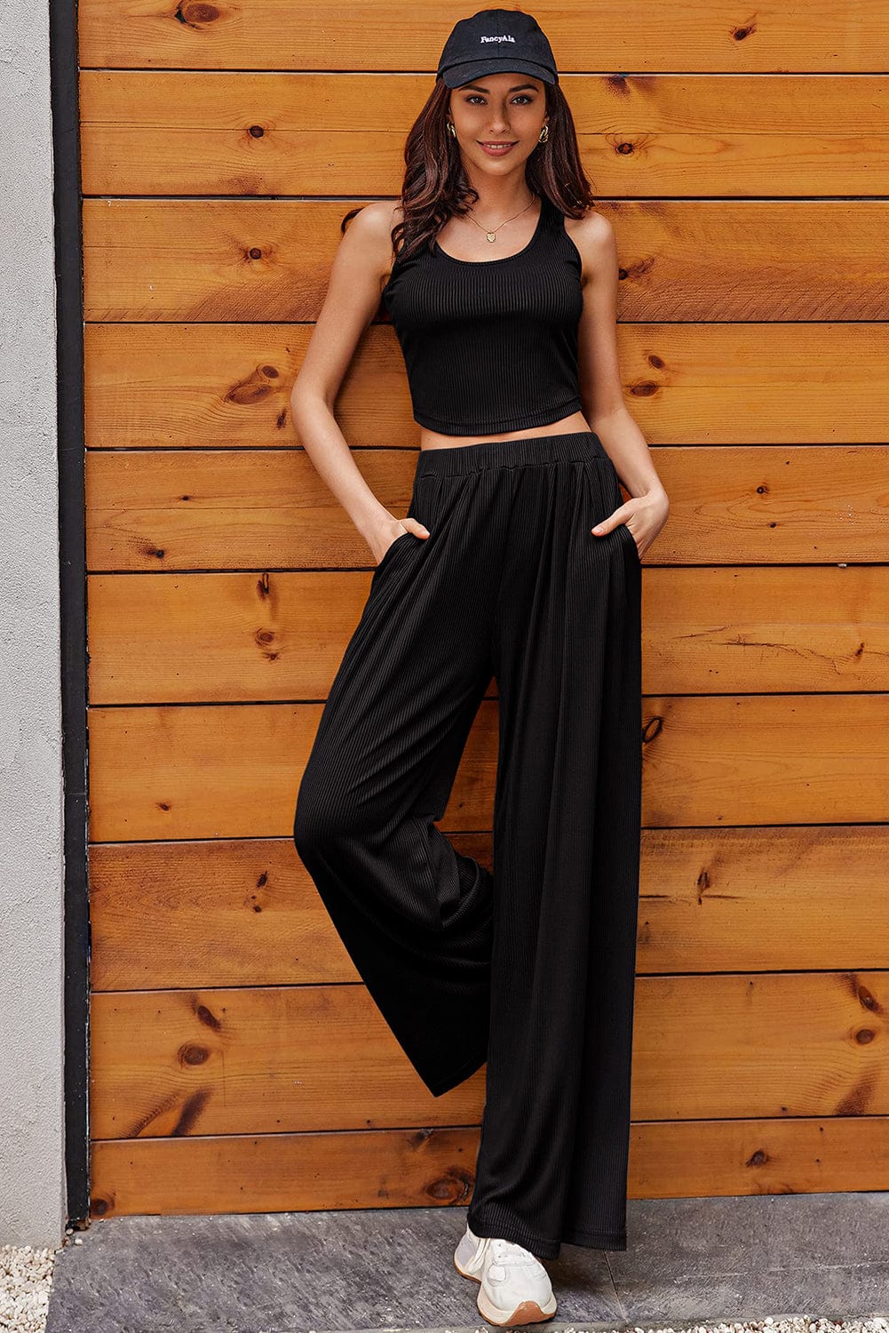 Chic Black Ribbed Sleeveless Top and Wide Leg Pants Set