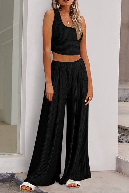 Chic Black Ribbed Sleeveless Top and Wide Leg Pants Set