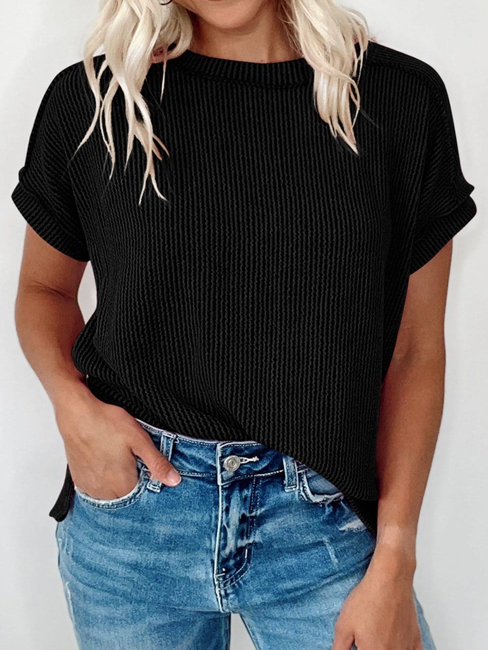Chic Black Ribbed Tee with Exposed Stitching