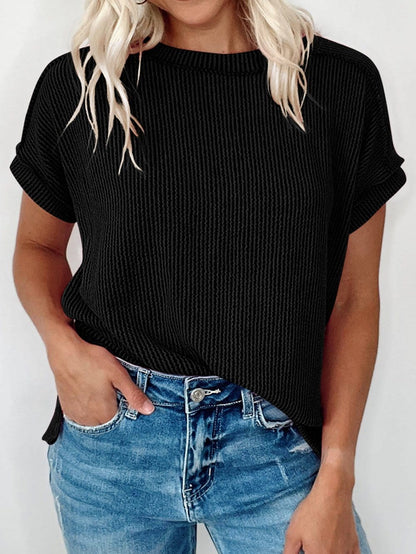 Chic Black Ribbed Tee with Exposed Stitching
