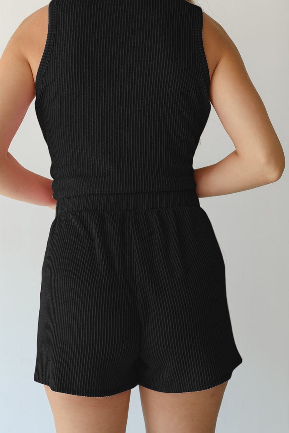 Chic Black Ribbed Two-Piece Short Set