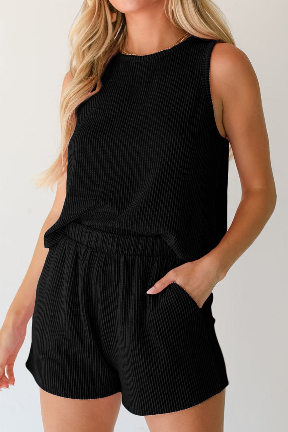 Chic Black Ribbed Two-Piece Short Set