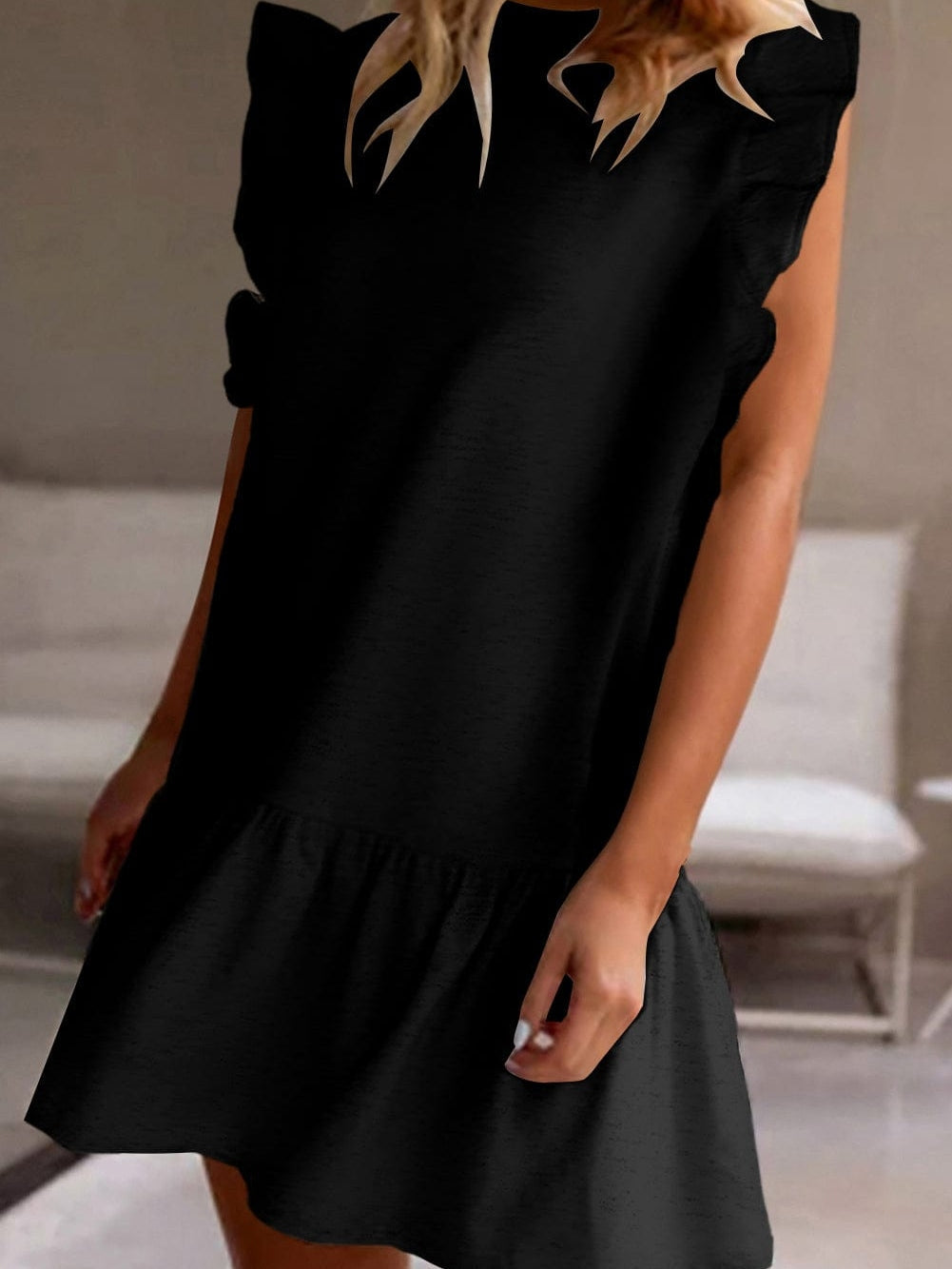 Chic Black Ruffle Sleeve Mini Shift Dress
