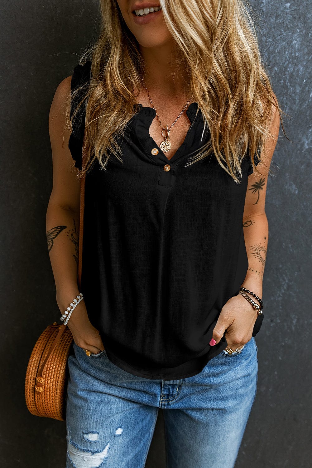 Chic Black Ruffle Trim V-Neck Tank Top