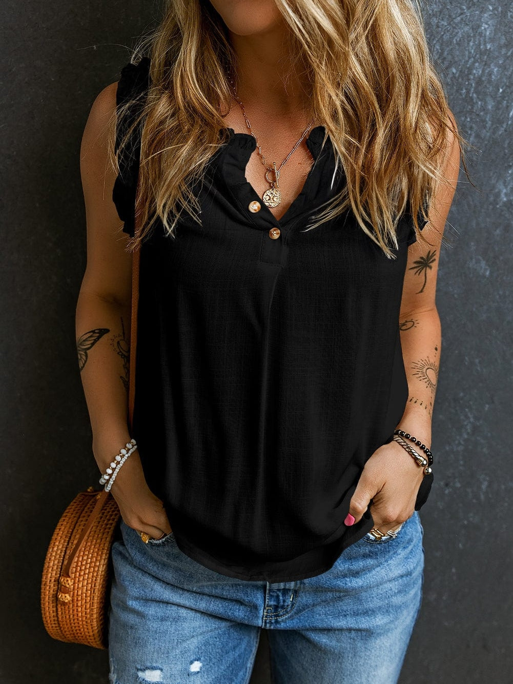 Chic Black Ruffle Trim V-Neck Tank Top