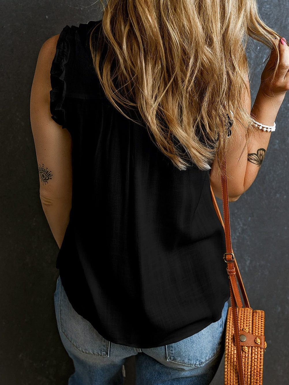 Chic Black Ruffle Trim V-Neck Tank Top