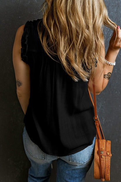 Chic Black Ruffle Trim V-Neck Tank Top