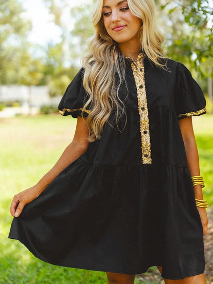 Chic Black Sequin-Trimmed Mini Shirt Dress with Bubble Sleeves