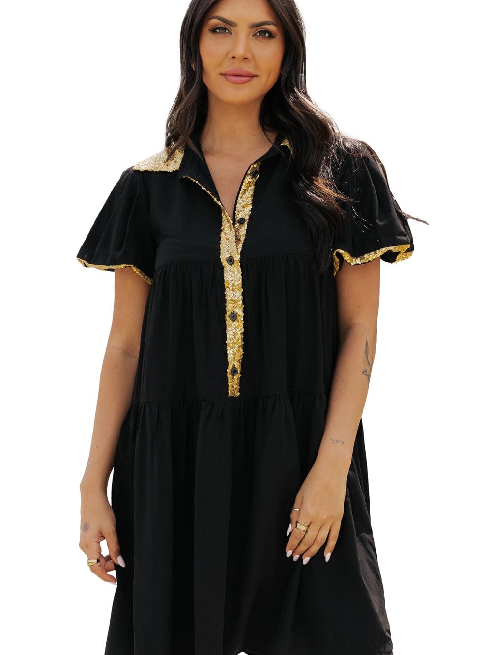 Chic Black Sequin-Trimmed Mini Shirt Dress with Bubble Sleeves