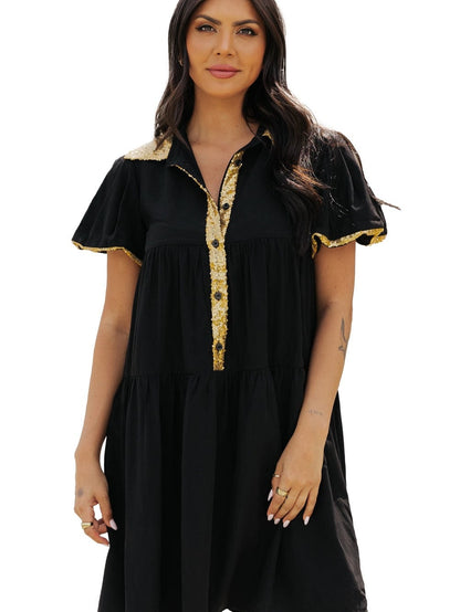 Chic Black Sequin-Trimmed Mini Shirt Dress with Bubble Sleeves