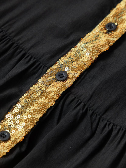 Chic Black Sequin-Trimmed Mini Shirt Dress with Bubble Sleeves