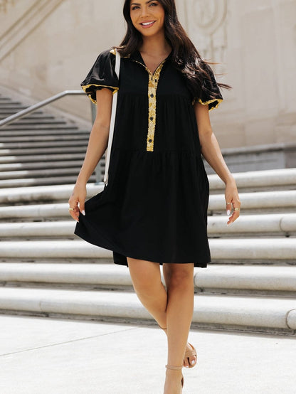 Chic Black Sequin-Trimmed Mini Shirt Dress with Bubble Sleeves