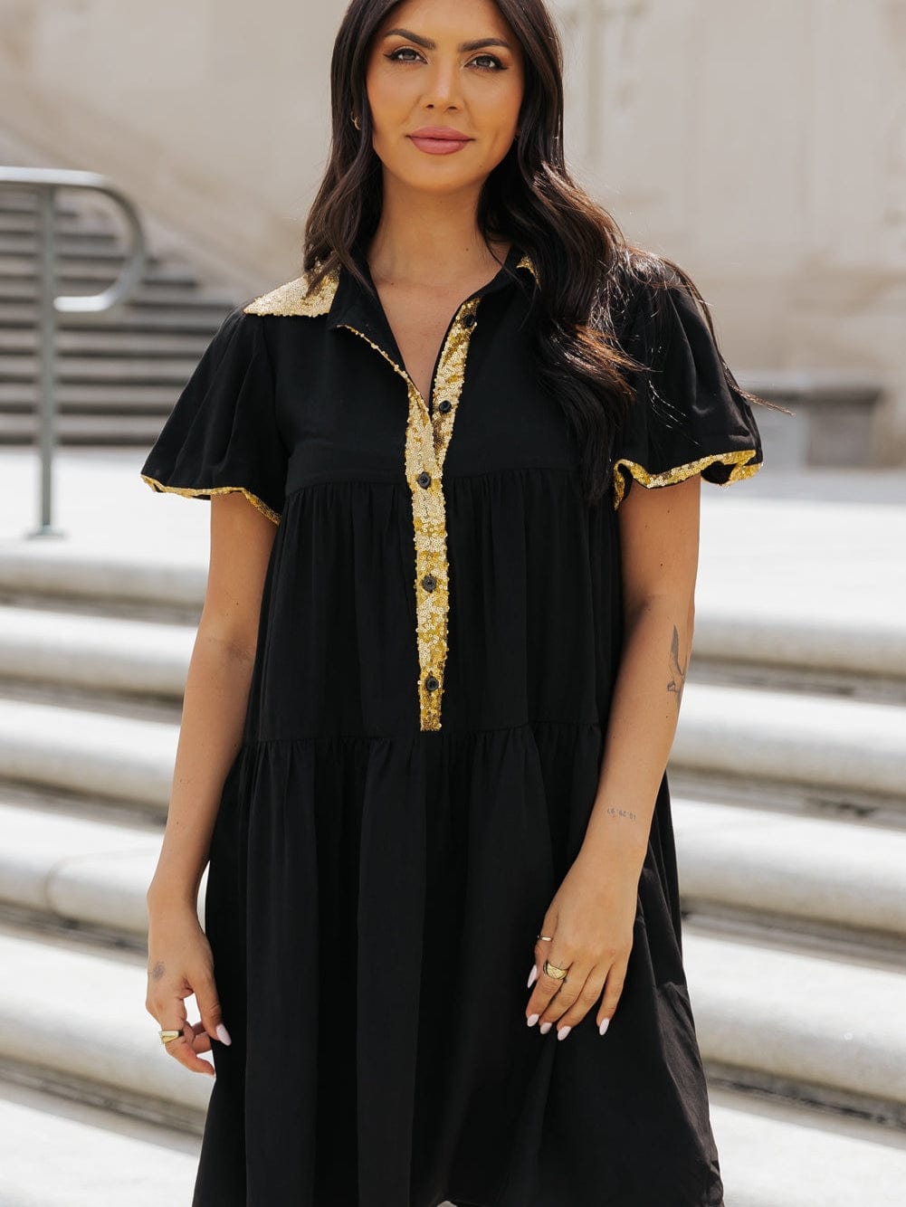 Chic Black Sequin-Trimmed Mini Shirt Dress with Bubble Sleeves