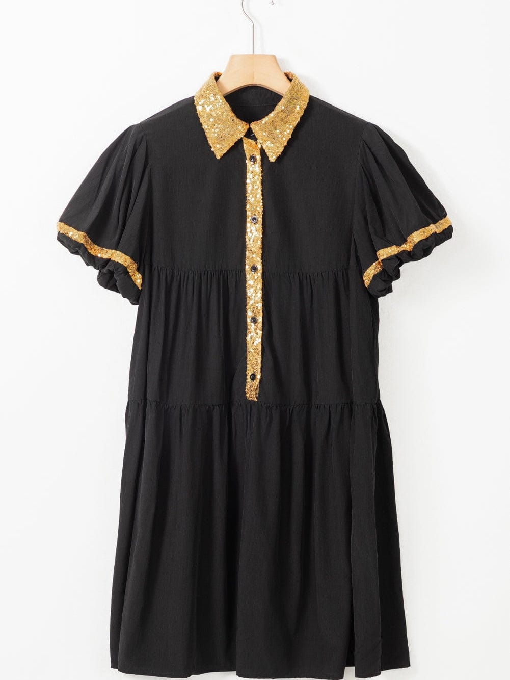Chic Black Sequin-Trimmed Mini Shirt Dress with Bubble Sleeves