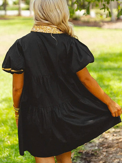 Chic Black Sequin-Trimmed Mini Shirt Dress with Bubble Sleeves