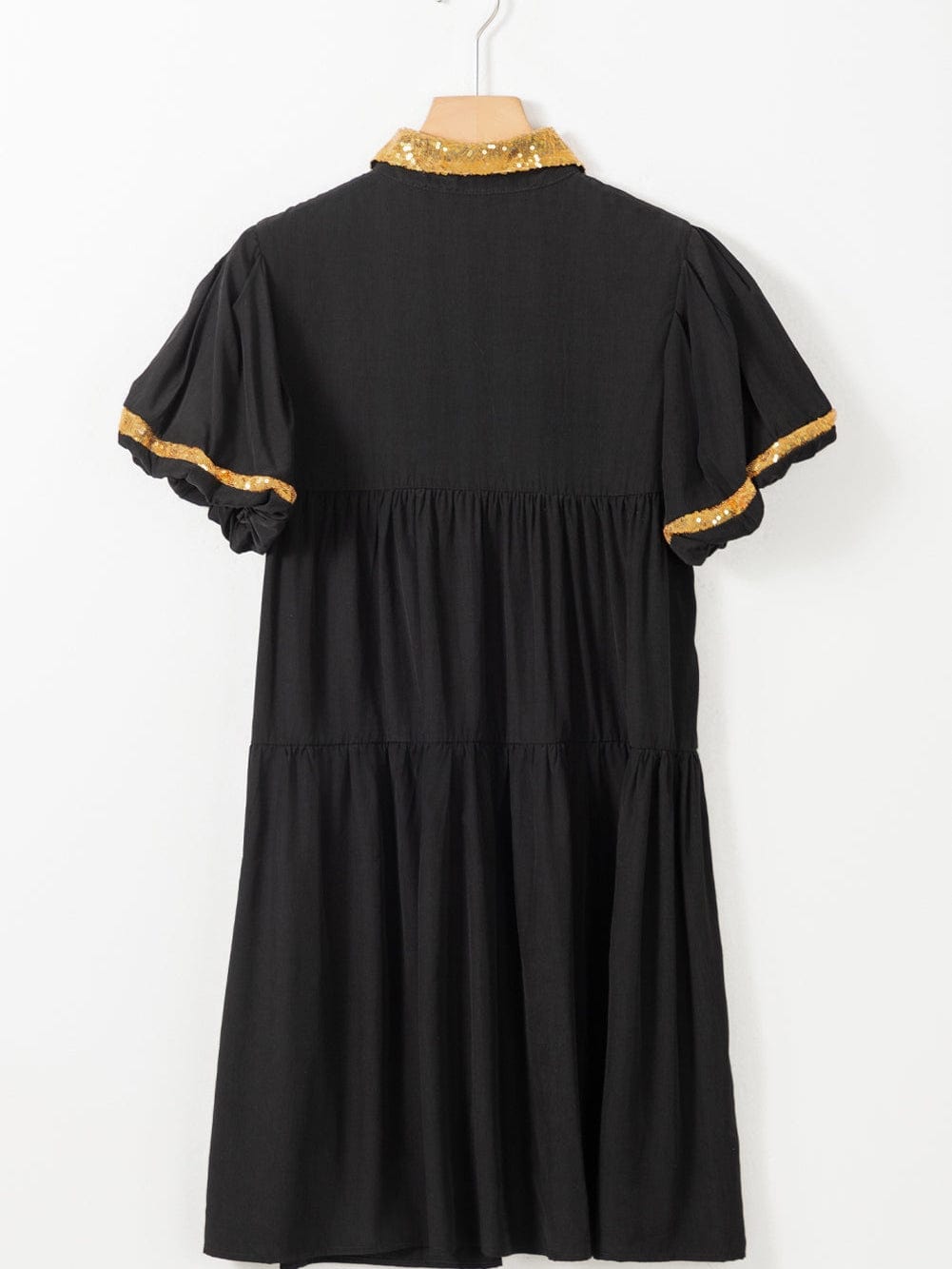 Chic Black Sequin-Trimmed Mini Shirt Dress with Bubble Sleeves