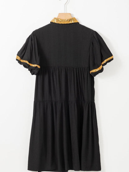 Chic Black Sequin-Trimmed Mini Shirt Dress with Bubble Sleeves