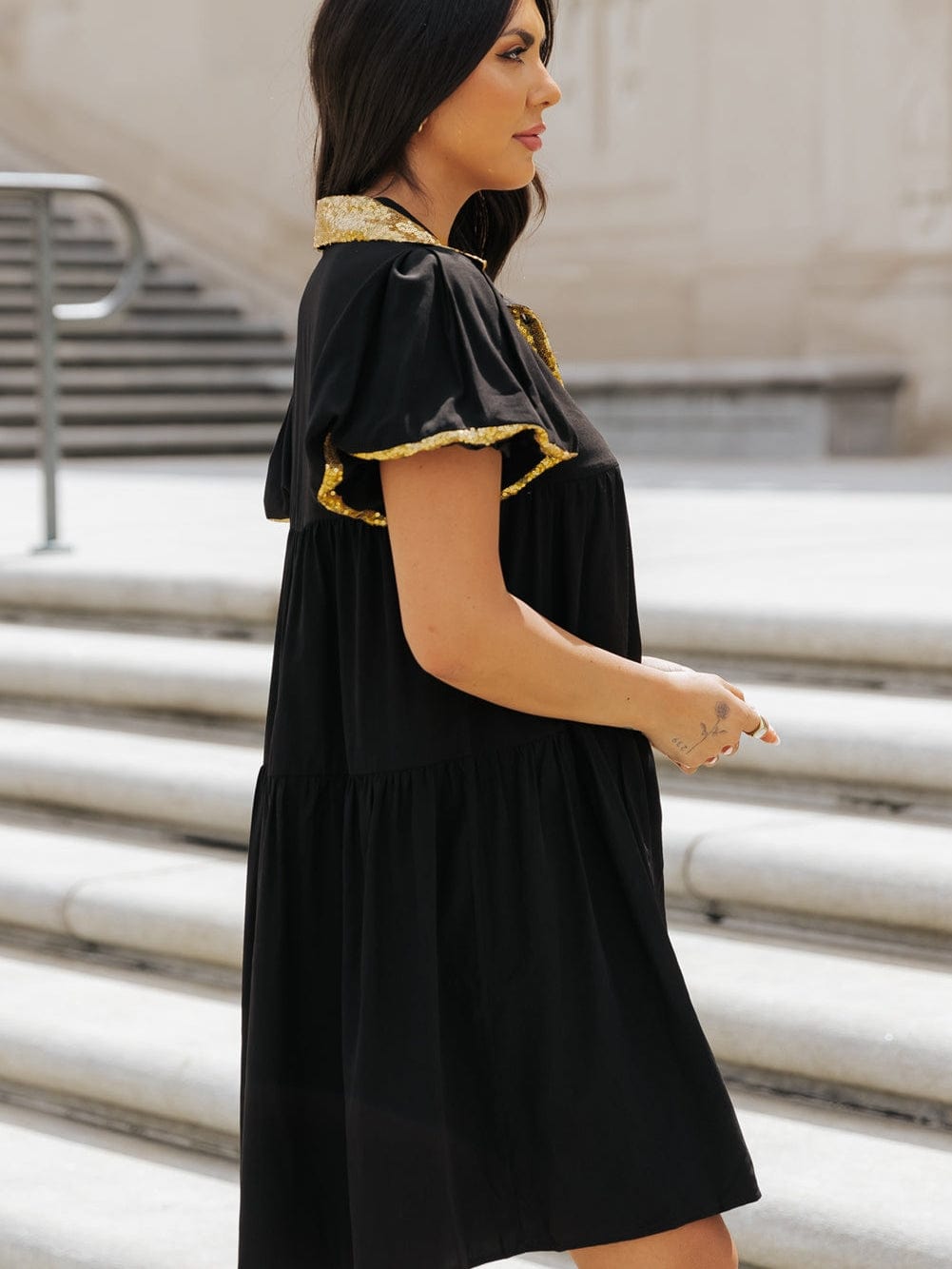 Chic Black Sequin-Trimmed Mini Shirt Dress with Bubble Sleeves