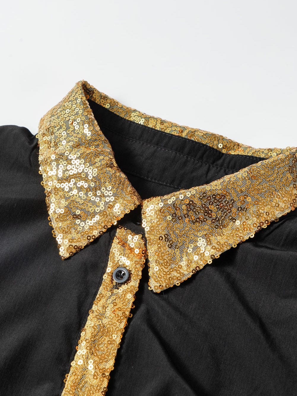 Chic Black Sequin-Trimmed Mini Shirt Dress with Bubble Sleeves