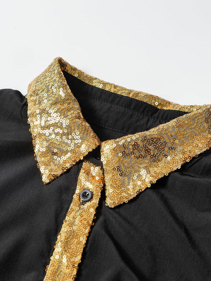 Chic Black Sequin-Trimmed Mini Shirt Dress with Bubble Sleeves