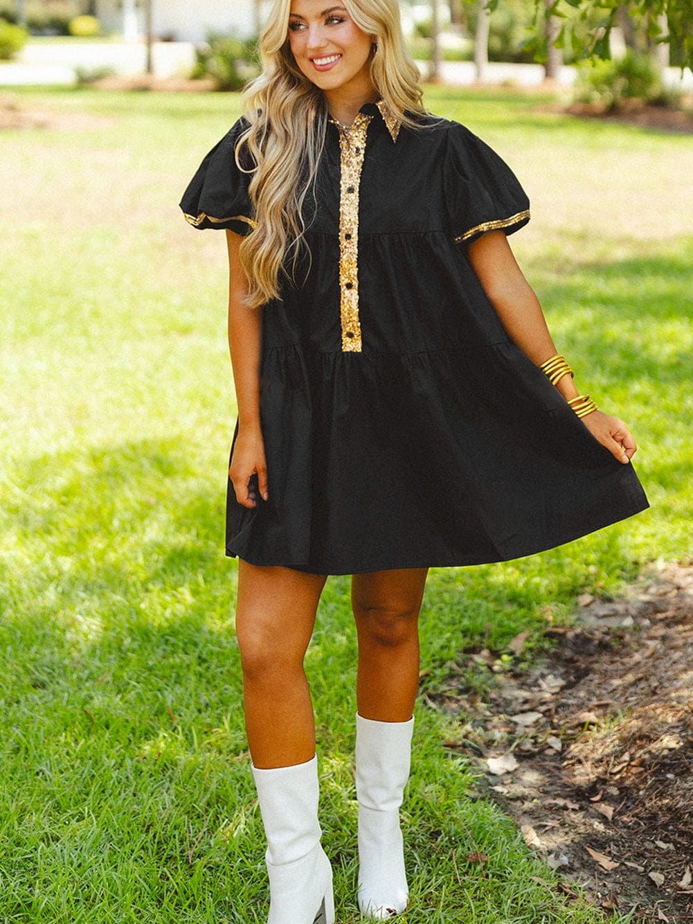 Chic Black Sequin-Trimmed Mini Shirt Dress with Bubble Sleeves