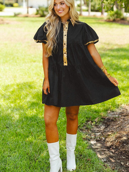 Chic Black Sequin-Trimmed Mini Shirt Dress with Bubble Sleeves