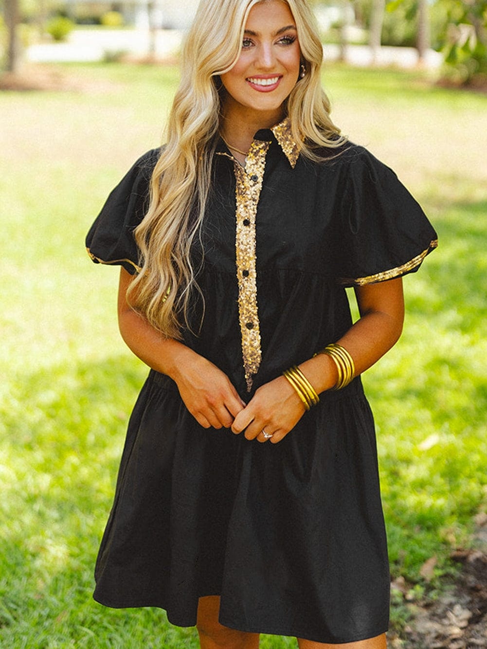 Chic Black Sequin-Trimmed Mini Shirt Dress with Bubble Sleeves